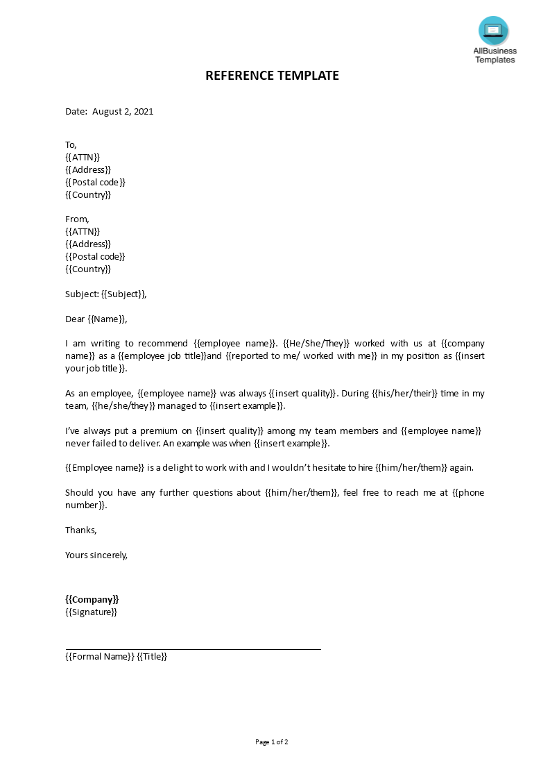 reference letter from employer template