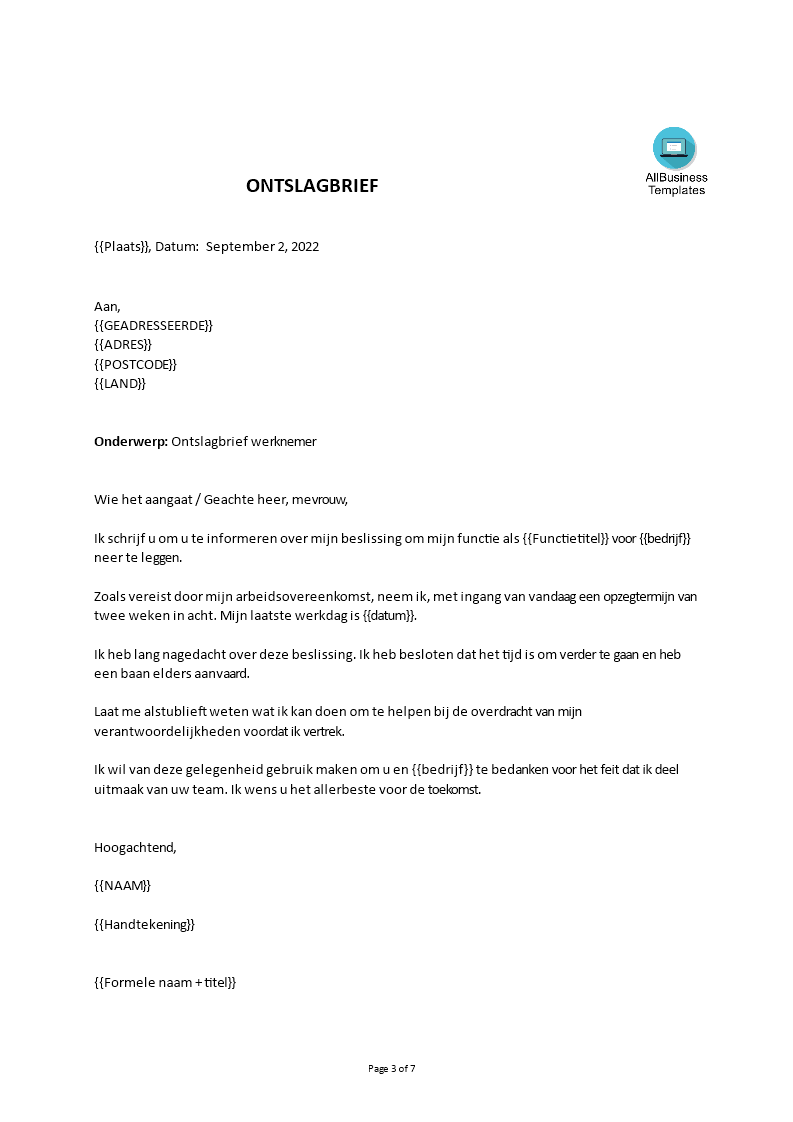Ontslagbrief model gratis