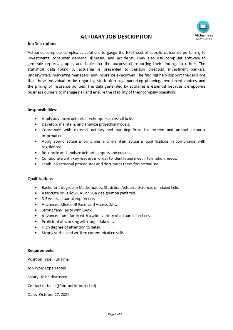 actuary job description template