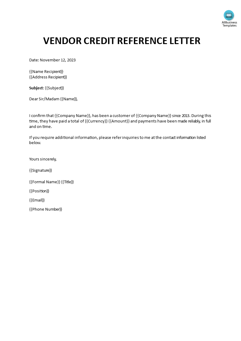 vendor credit reference letter template