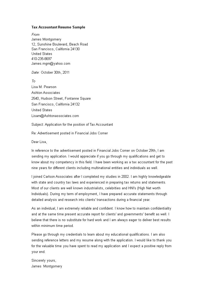 tax accountant application cover letter template modèles