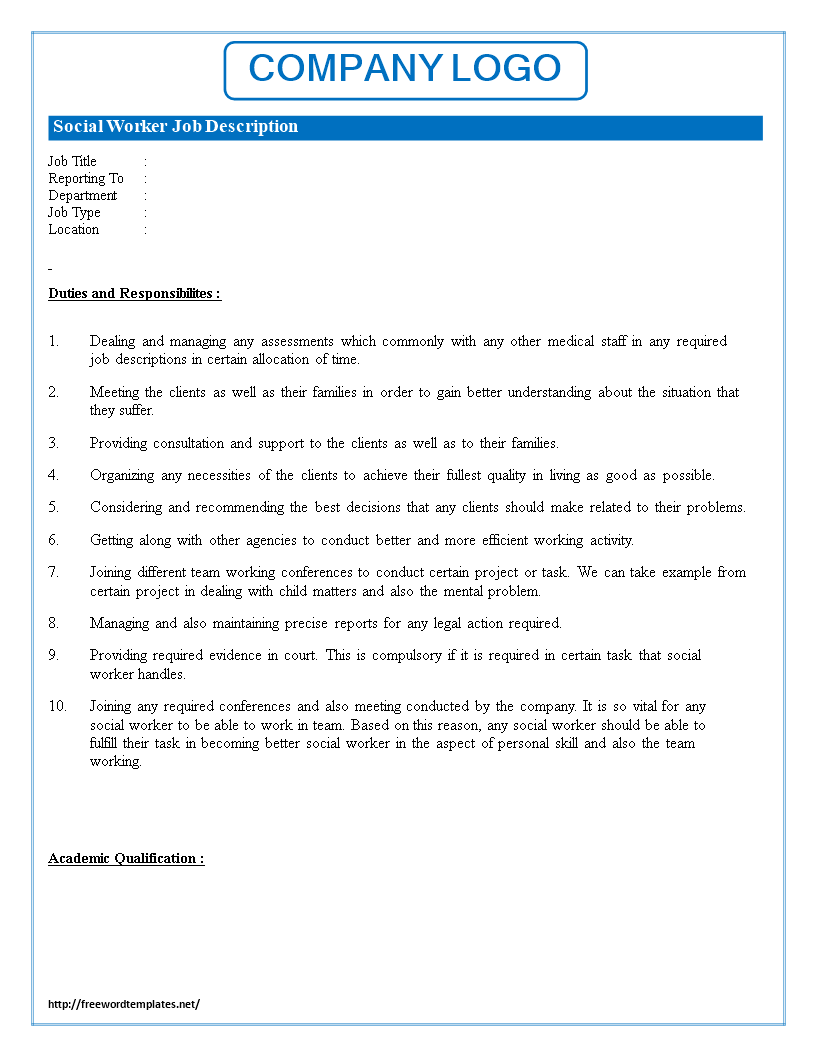 social worker job description template