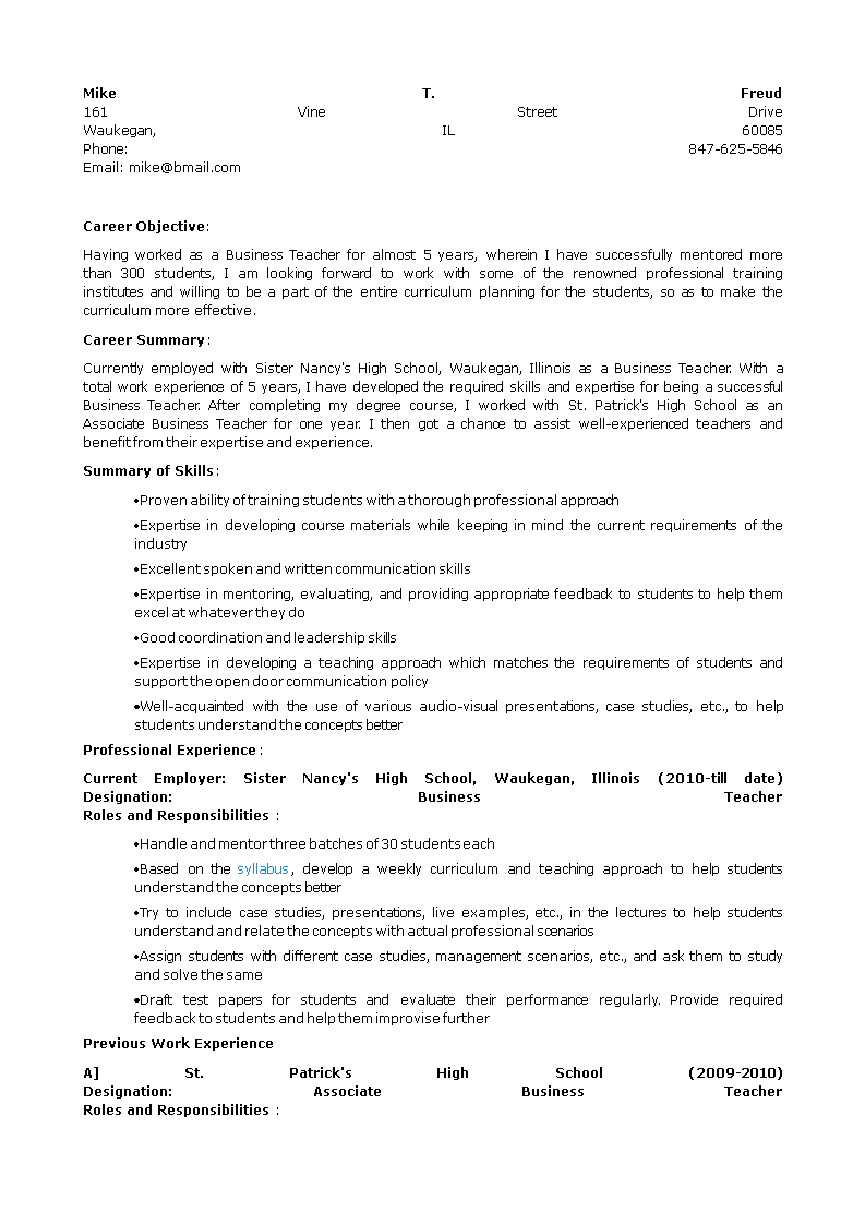 High School Business Education Teacher Resume main image