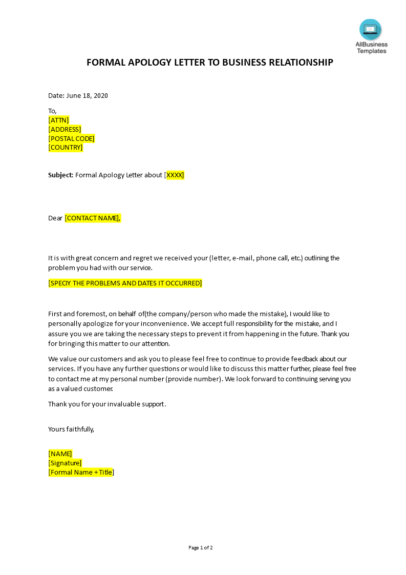 formal apology letter to business relationship template