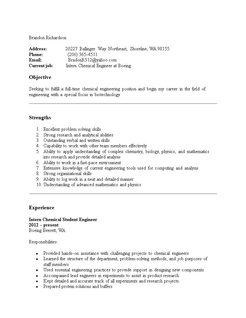 Internship Resume for Chemical Engineering intern main image