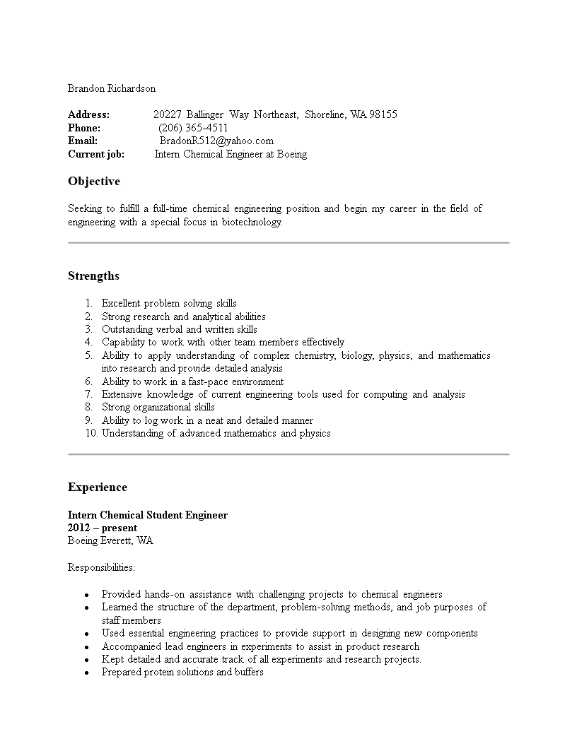 internship resume for chemical engineering intern template