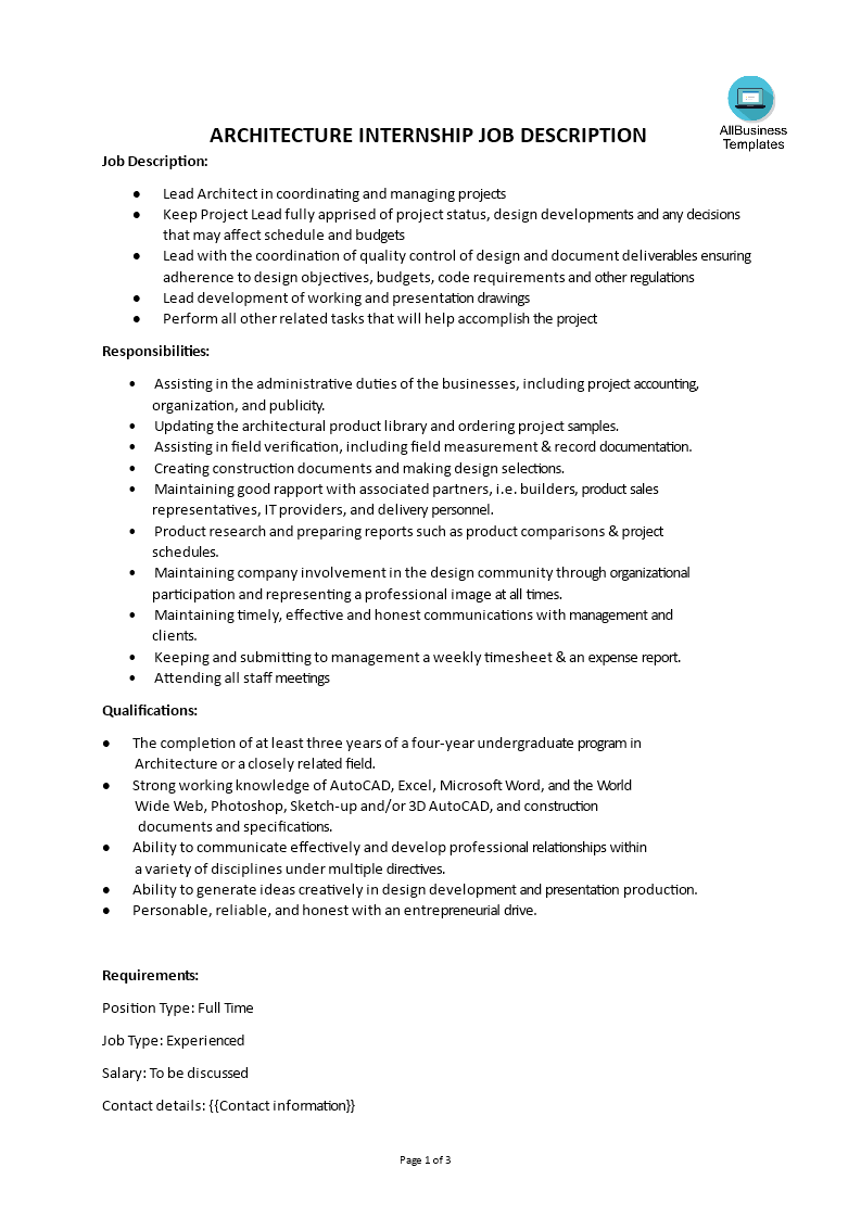 Architecture Internship Job Description 模板