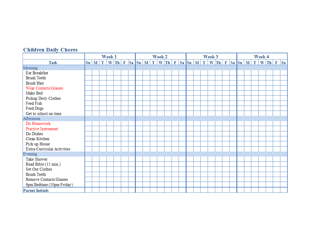 Chore Chart Template Excel