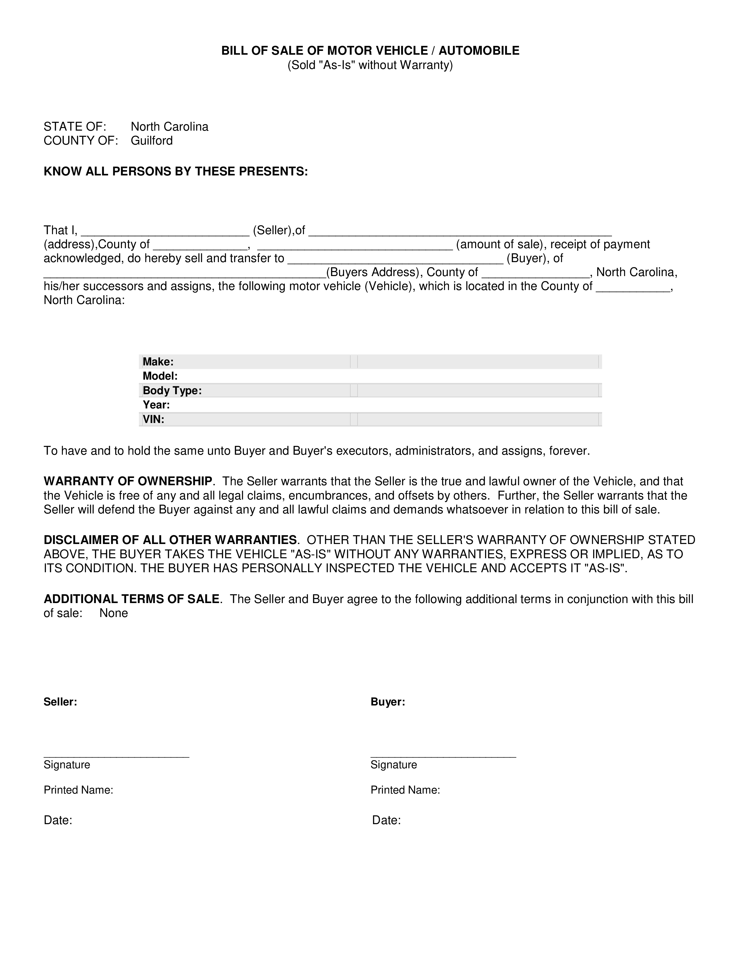 automobile bill of sale form Hauptschablonenbild