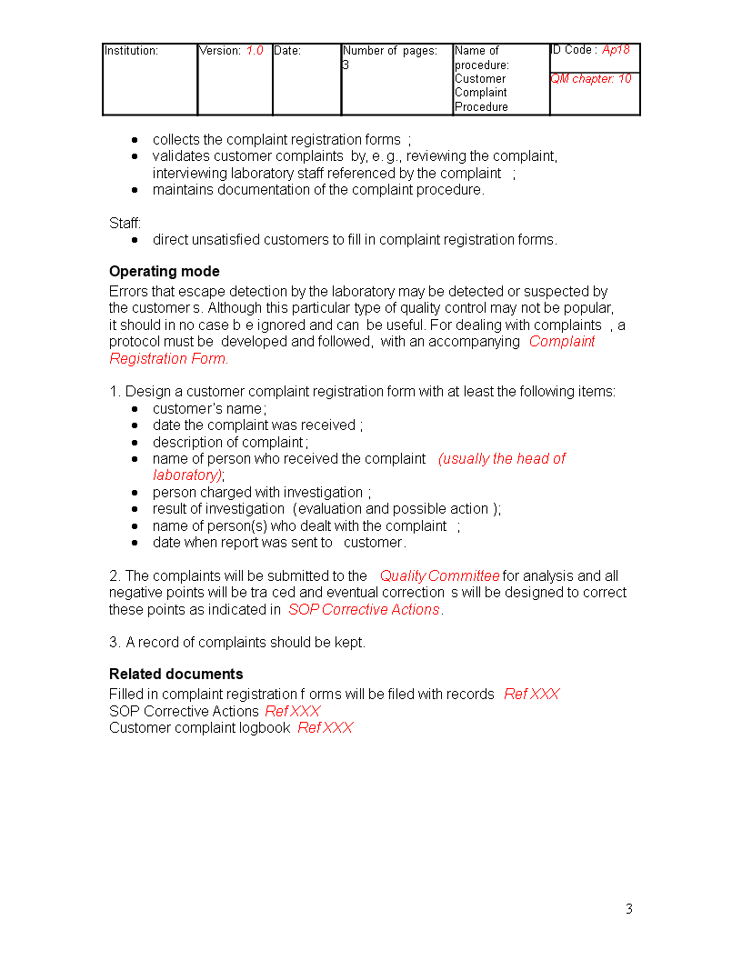 customer complaint procedure template