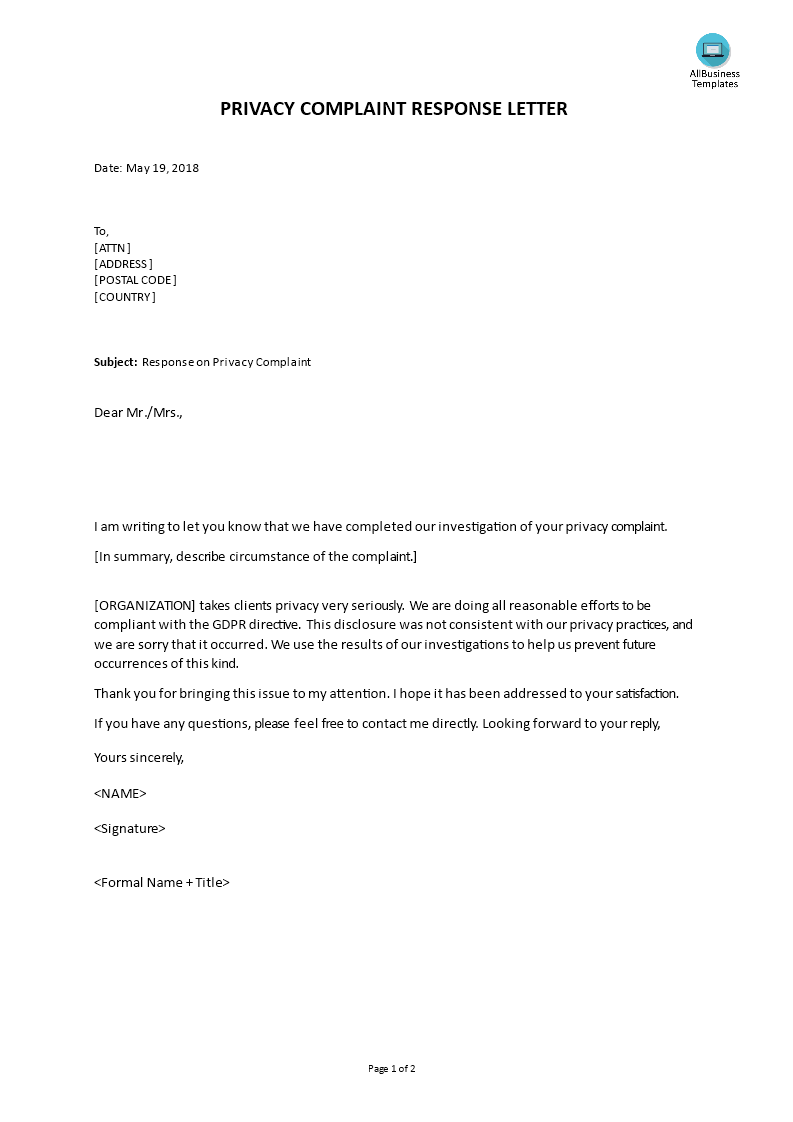 GDPR Privacy Complaint Response Letter  Templates at