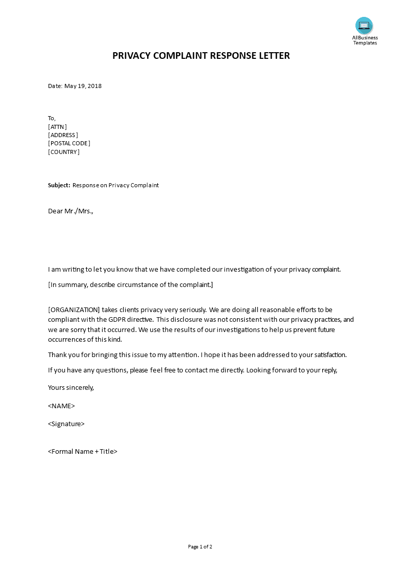 gdpr privacy complaint response letter template