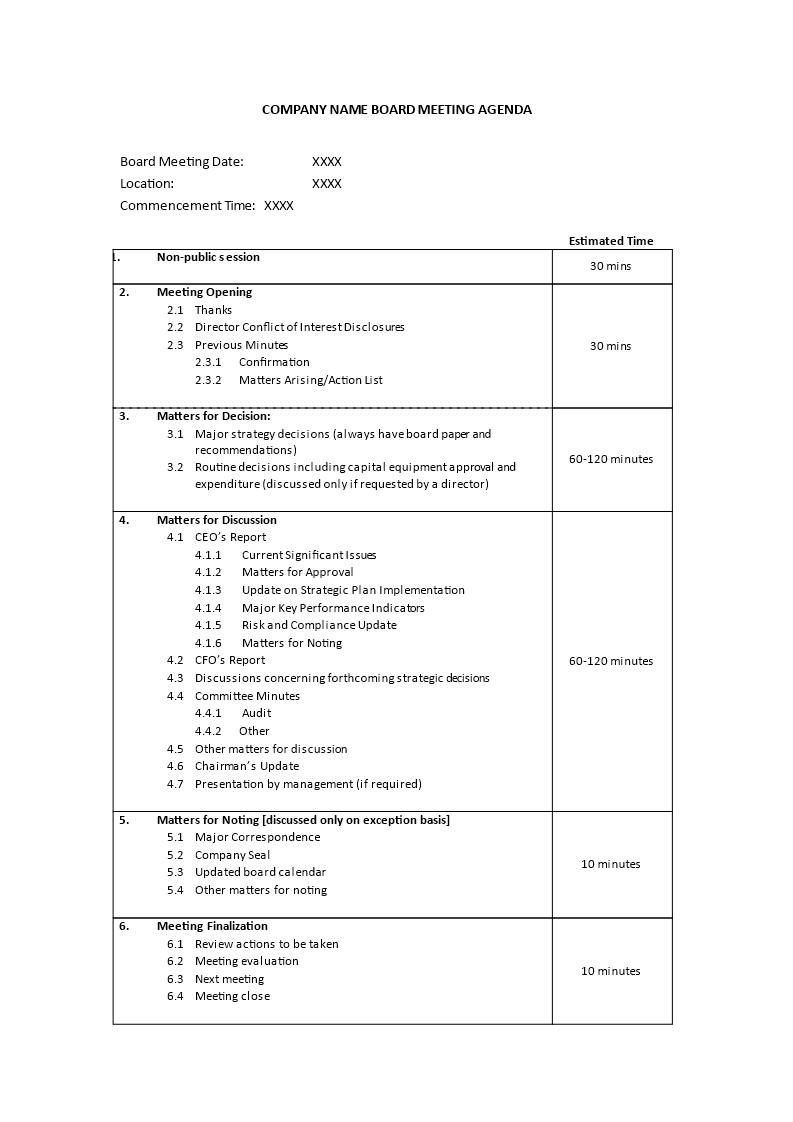 corporate c-level board meeting agenda template template