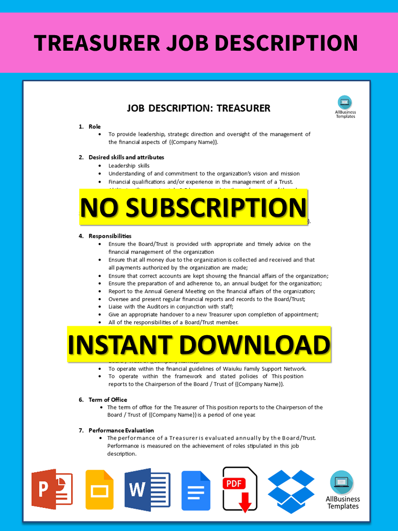 treasurer job description template