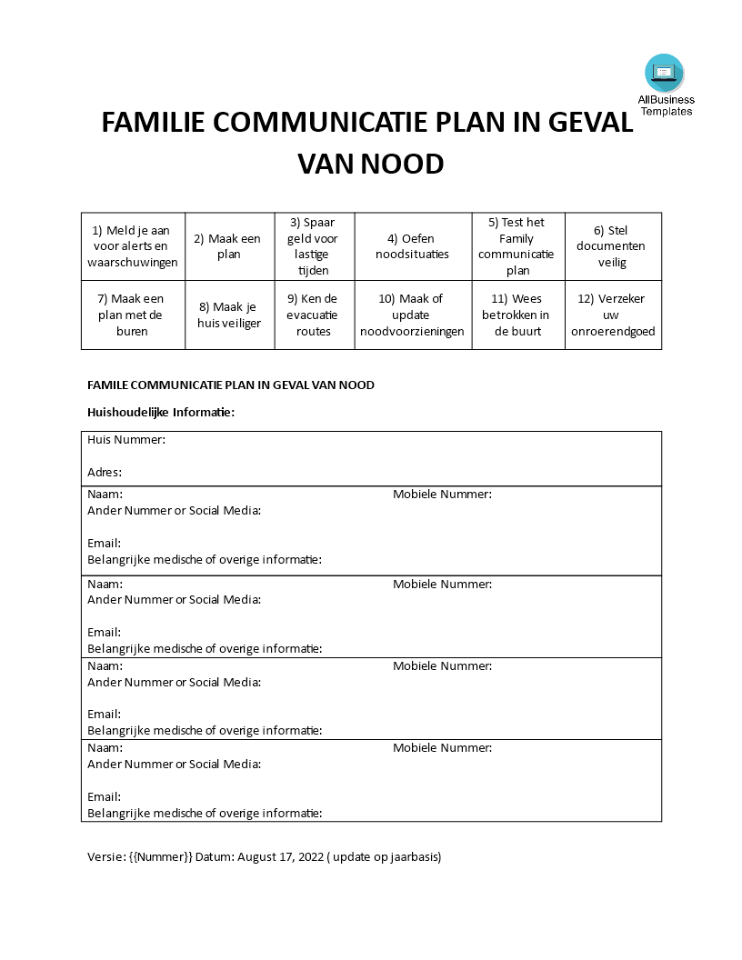Nood communicatieplan voor gezin 模板