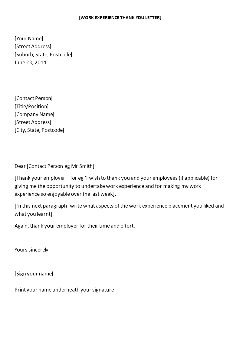 Kostenloses Work Experience Thank You Letter