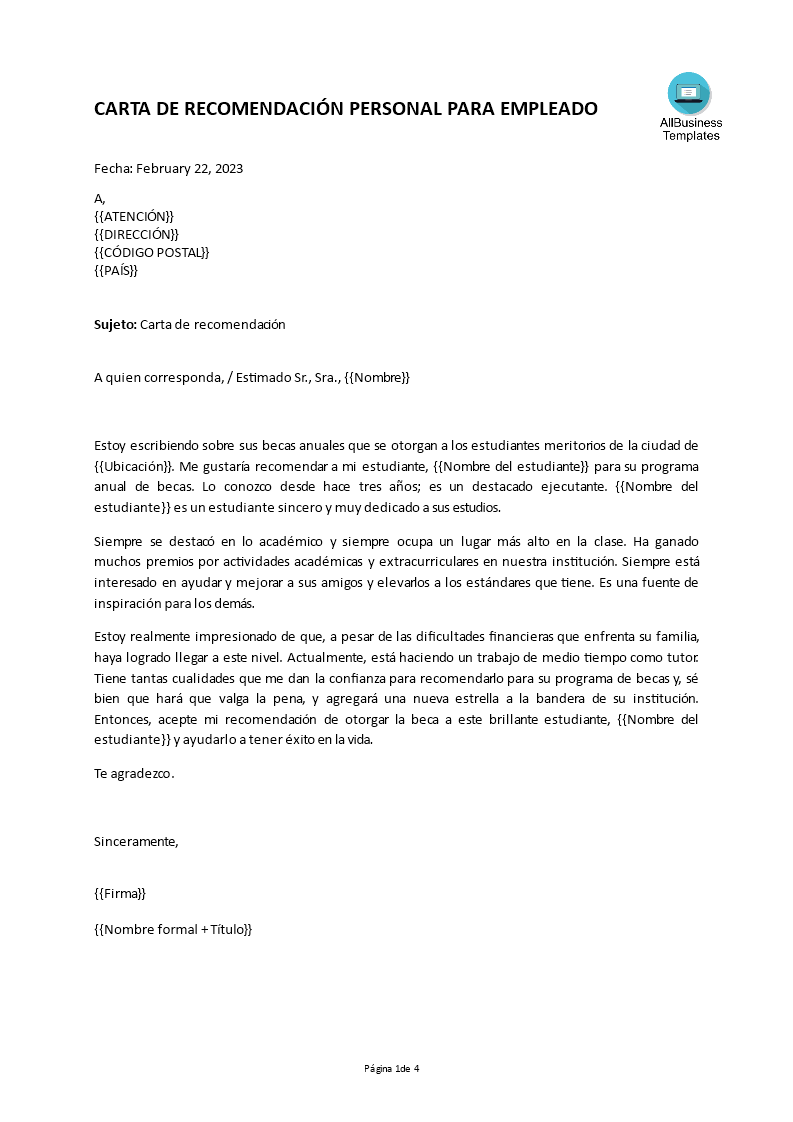 carta de recomendación personal para empleado plantilla imagen principal