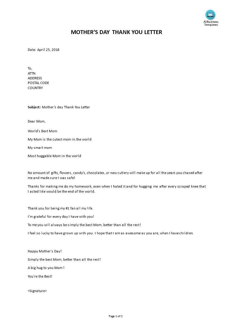 Kostenloses Mothers Day Thank You Letter Regarding Mother Kostenloses Mothers Day Thank You Letter Regarding Mother