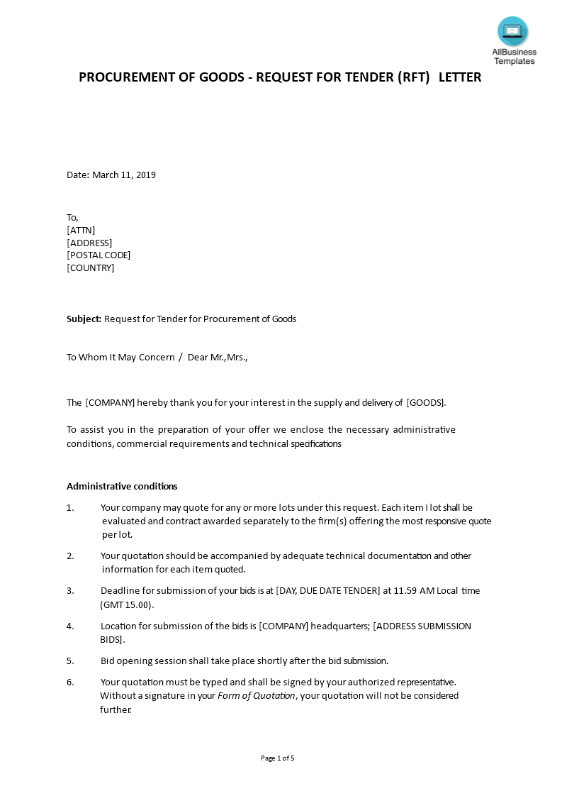 request for tender letter template voorbeeld afbeelding 