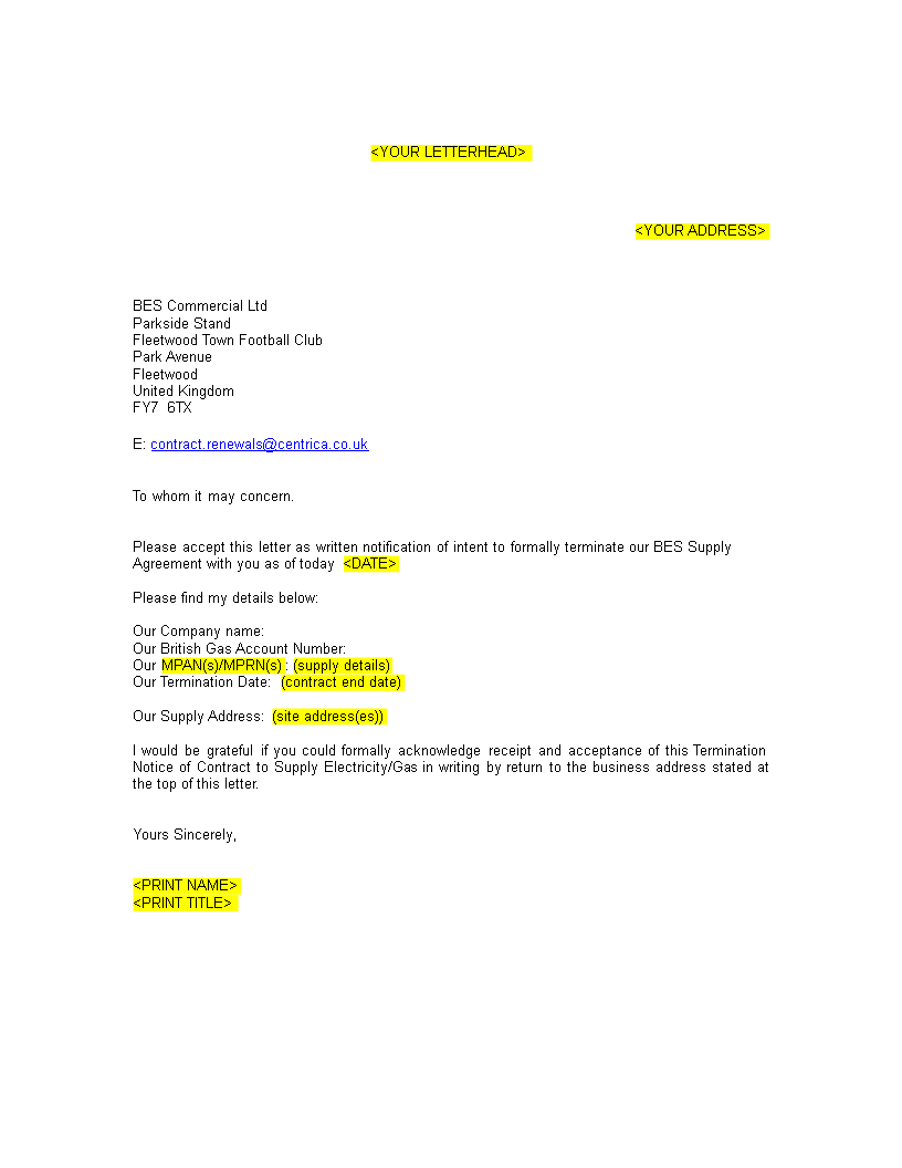 Kostenloses Business Contract Termination Letter