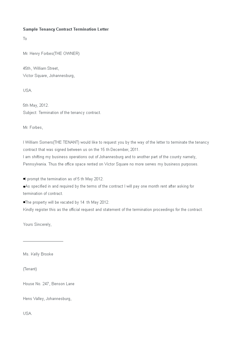 tenancy contract termination letter template