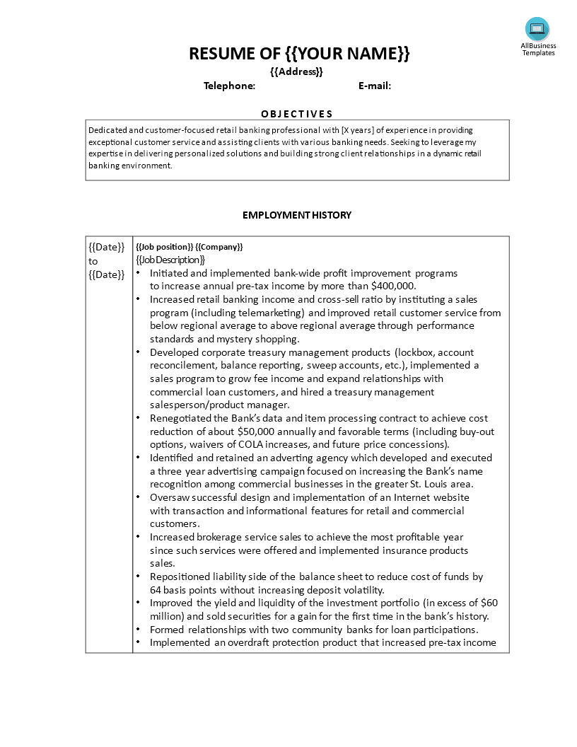 Retail Banking Customer Service Resume template main image