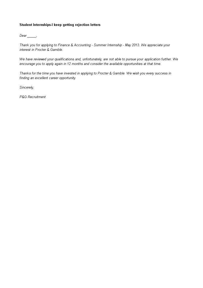 rejection letter student internship finance accounting job template