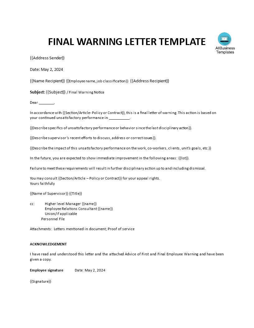 staff formal warning letter voorbeeld afbeelding 