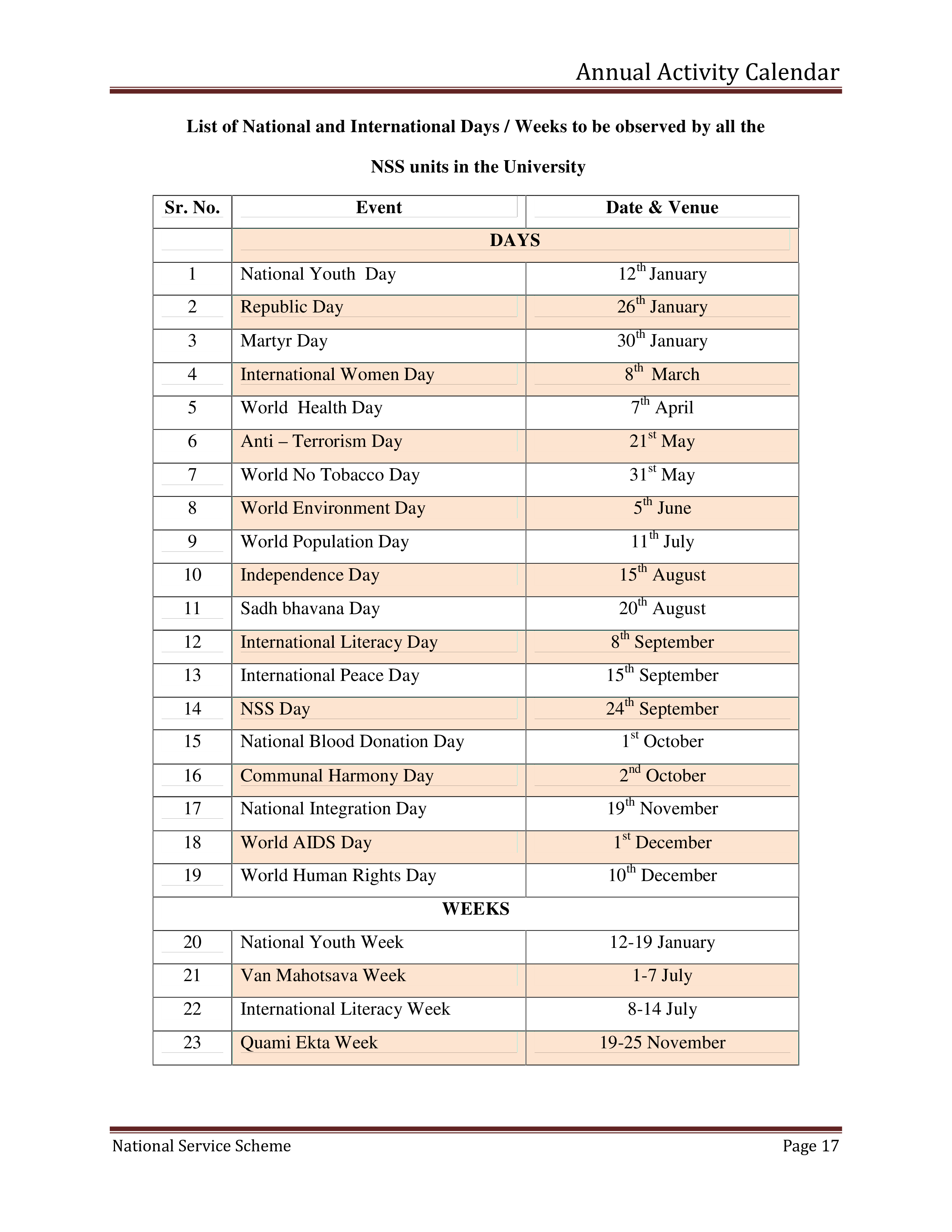 Annual Activity Calendar main image