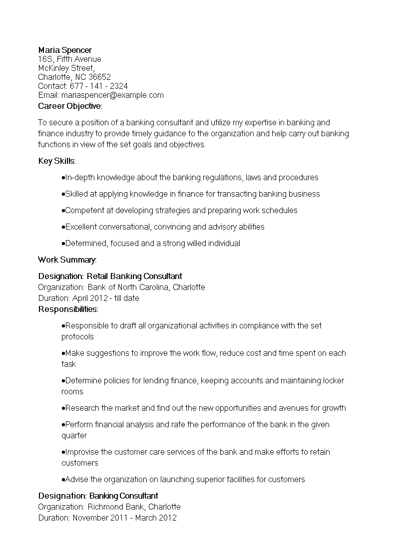 Retail Banking Consultant Resume main image