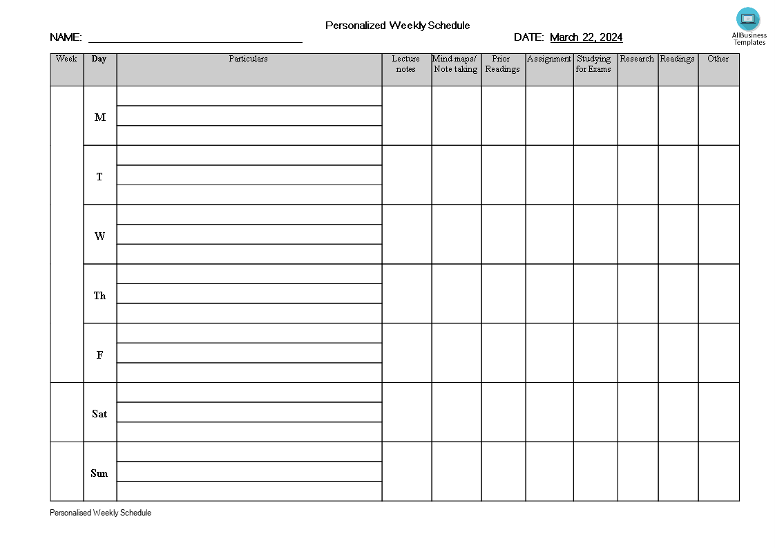 personalised weekly schedule template