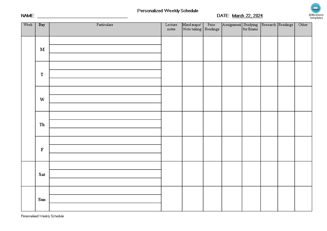 personalised weekly schedule voorbeeld afbeelding 