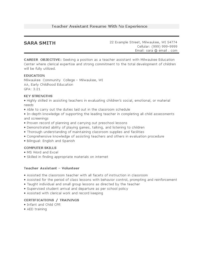 Teacher Assistant Resume With No Experience  Templates at