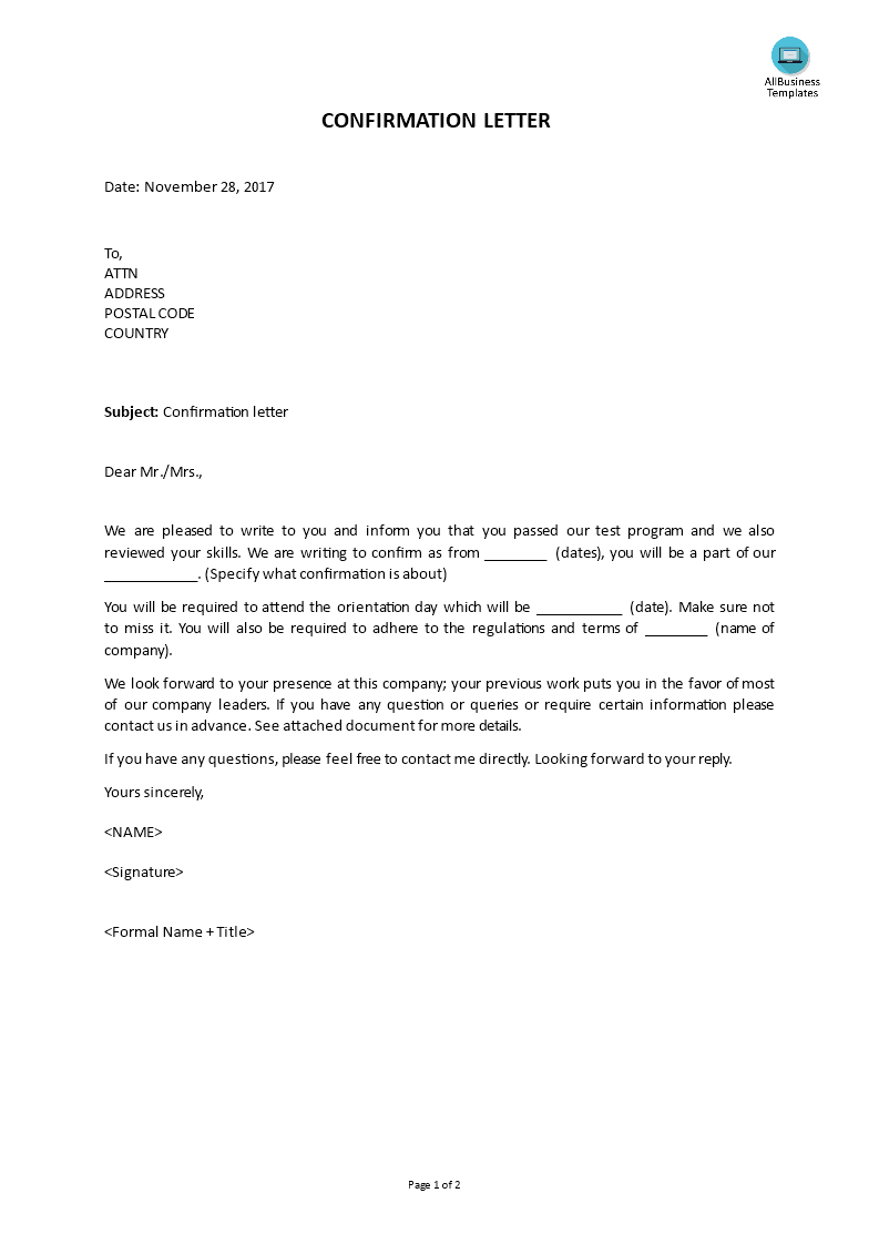 confirmation letter template