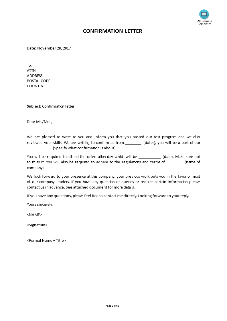 Confirmation Letter Templates At Allbusinesstemplates