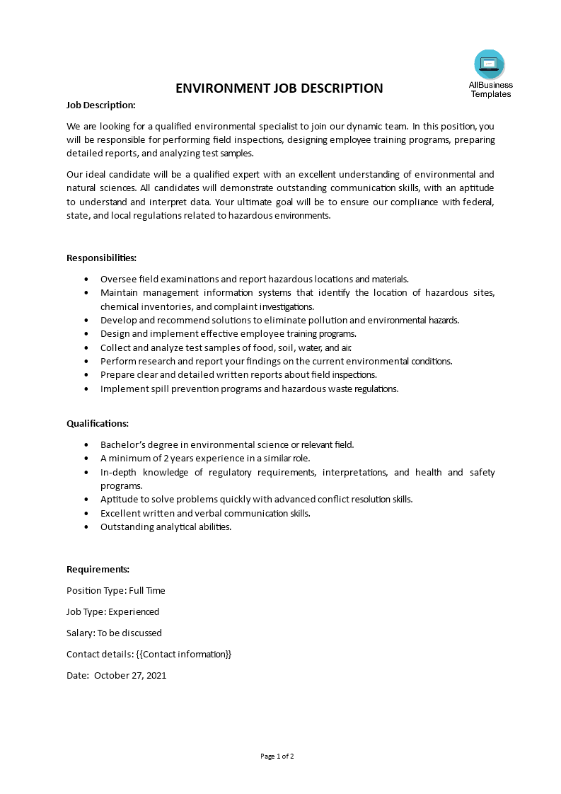 environment job description voorbeeld afbeelding 