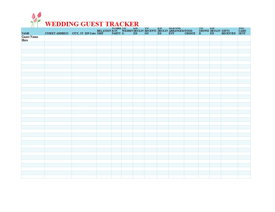 Wedding Guest List worksheet template main image