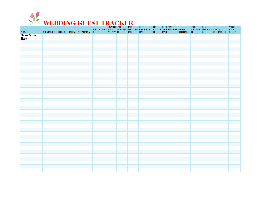 wedding guest list worksheet template voorbeeld afbeelding 