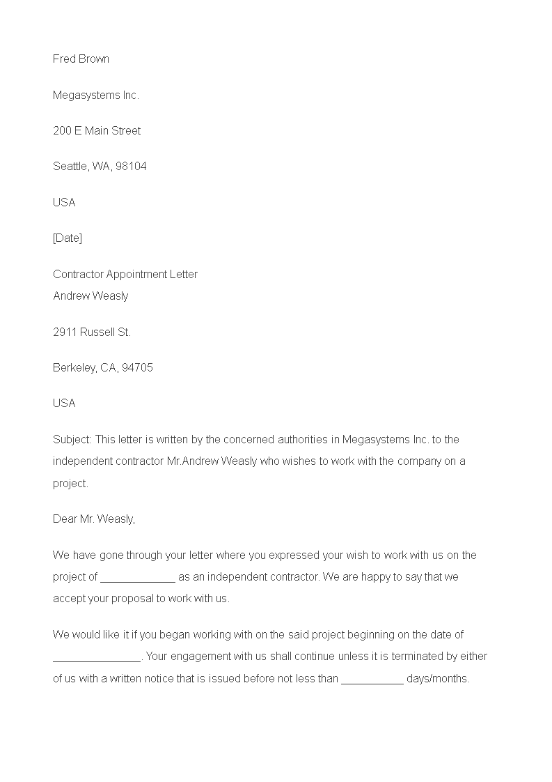 contractor appointment letter format modèles