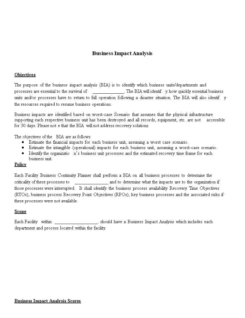 blank business impact analysis template