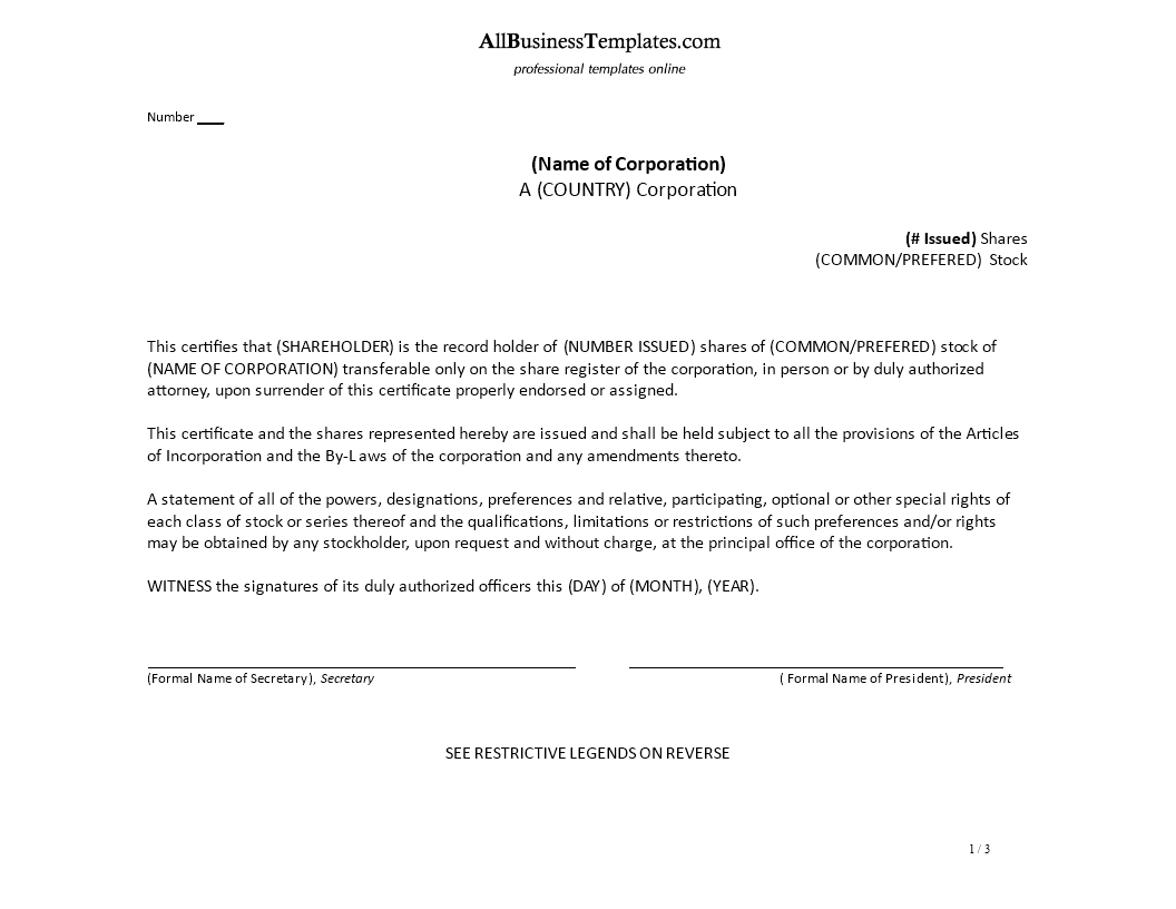 Share Certificate Of Preferred Stock  Templates at Within Template Of Share Certificate