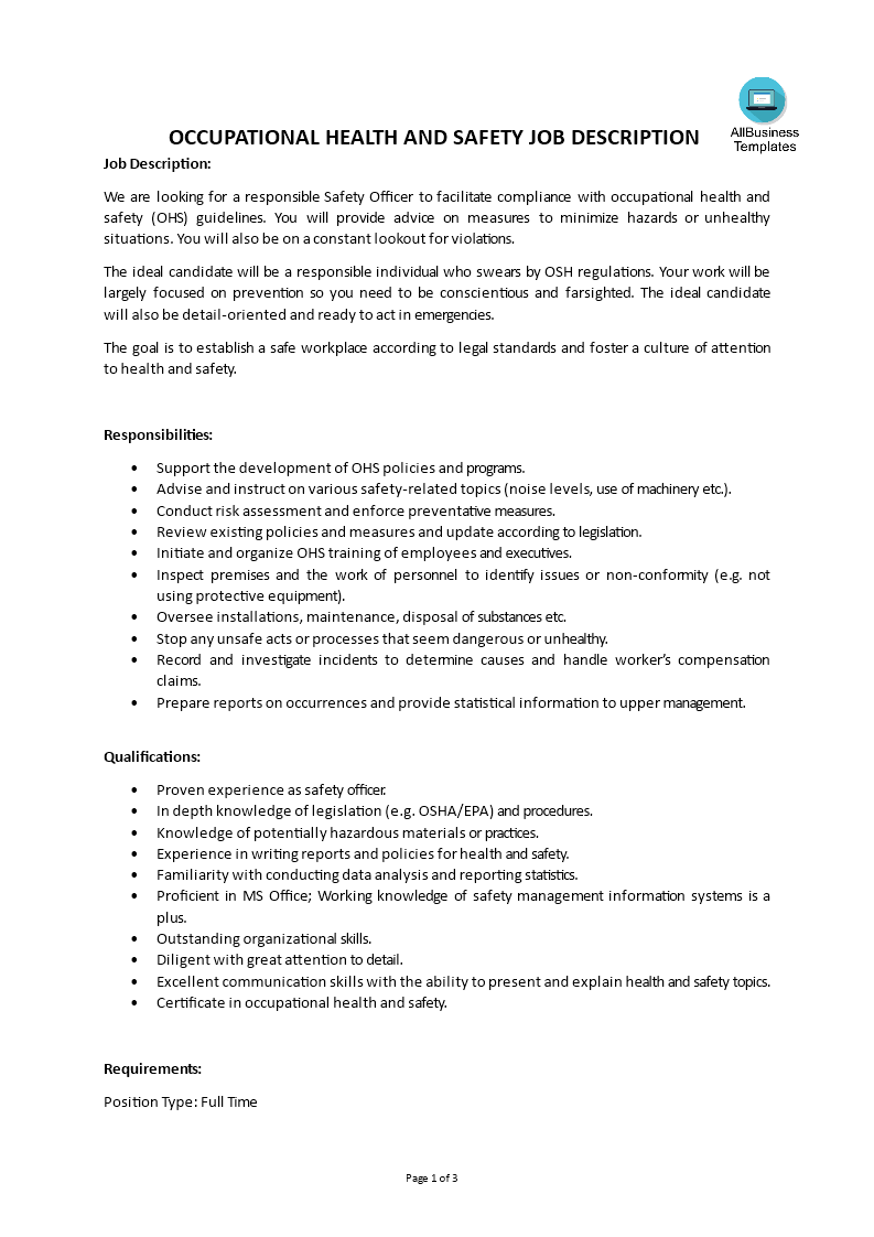 Occupational Health And Safety Job Description main image
