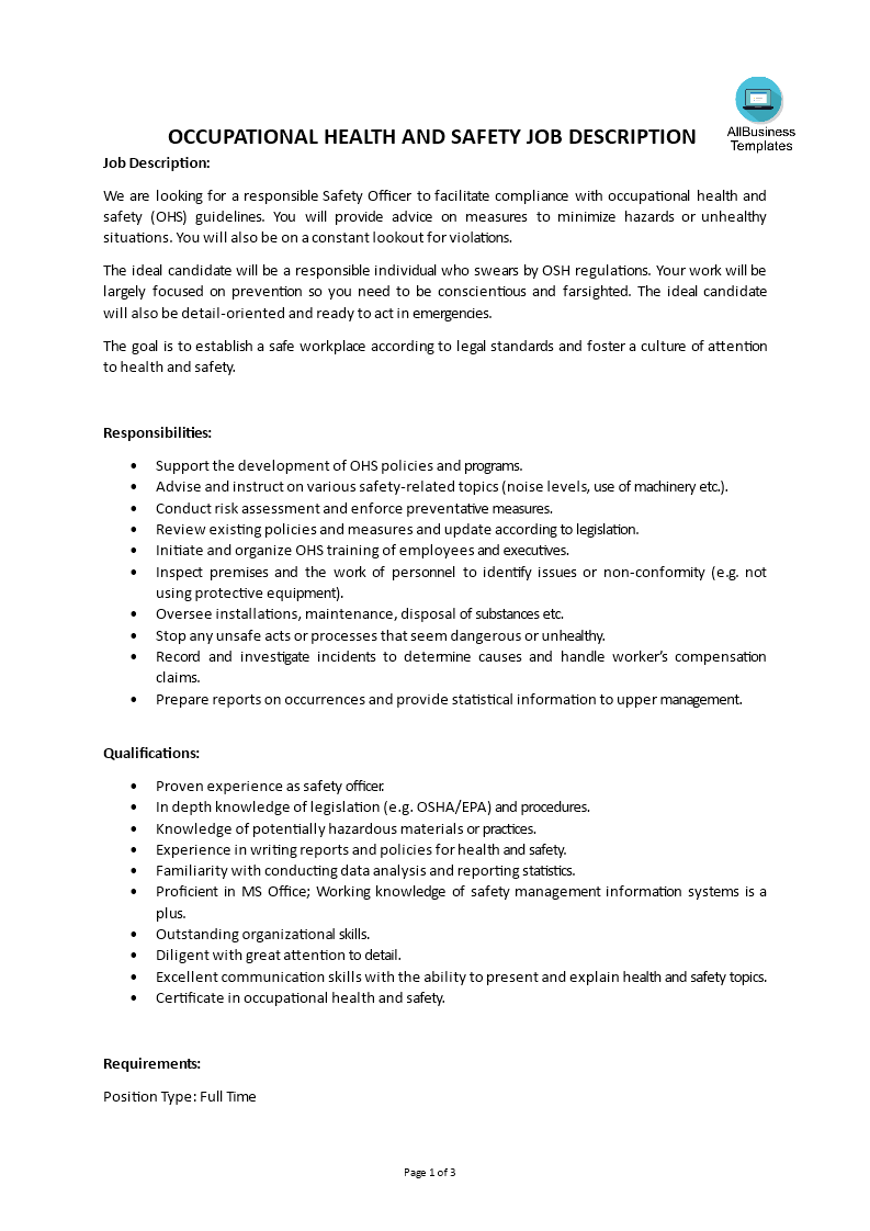 occupational health and safety job description modèles