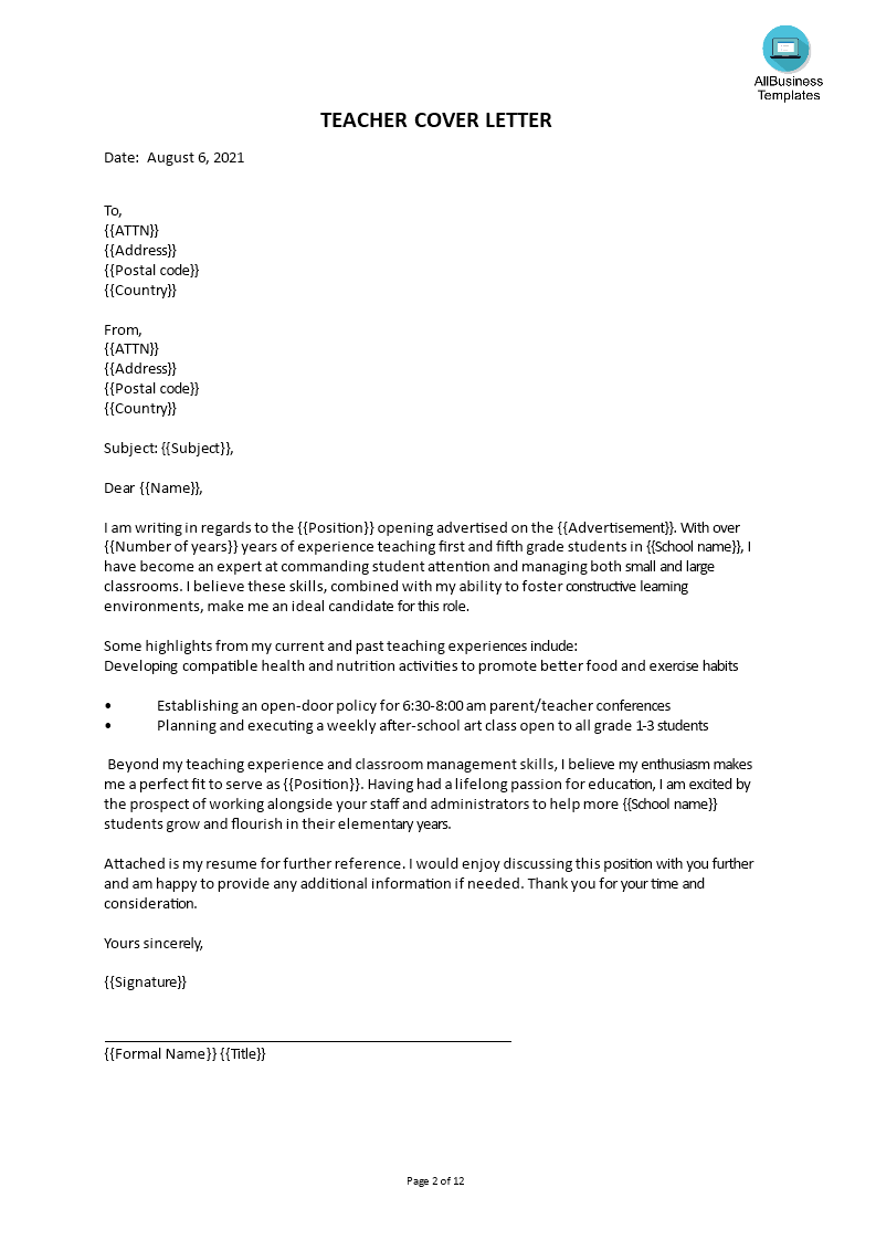 teacher cover letter template