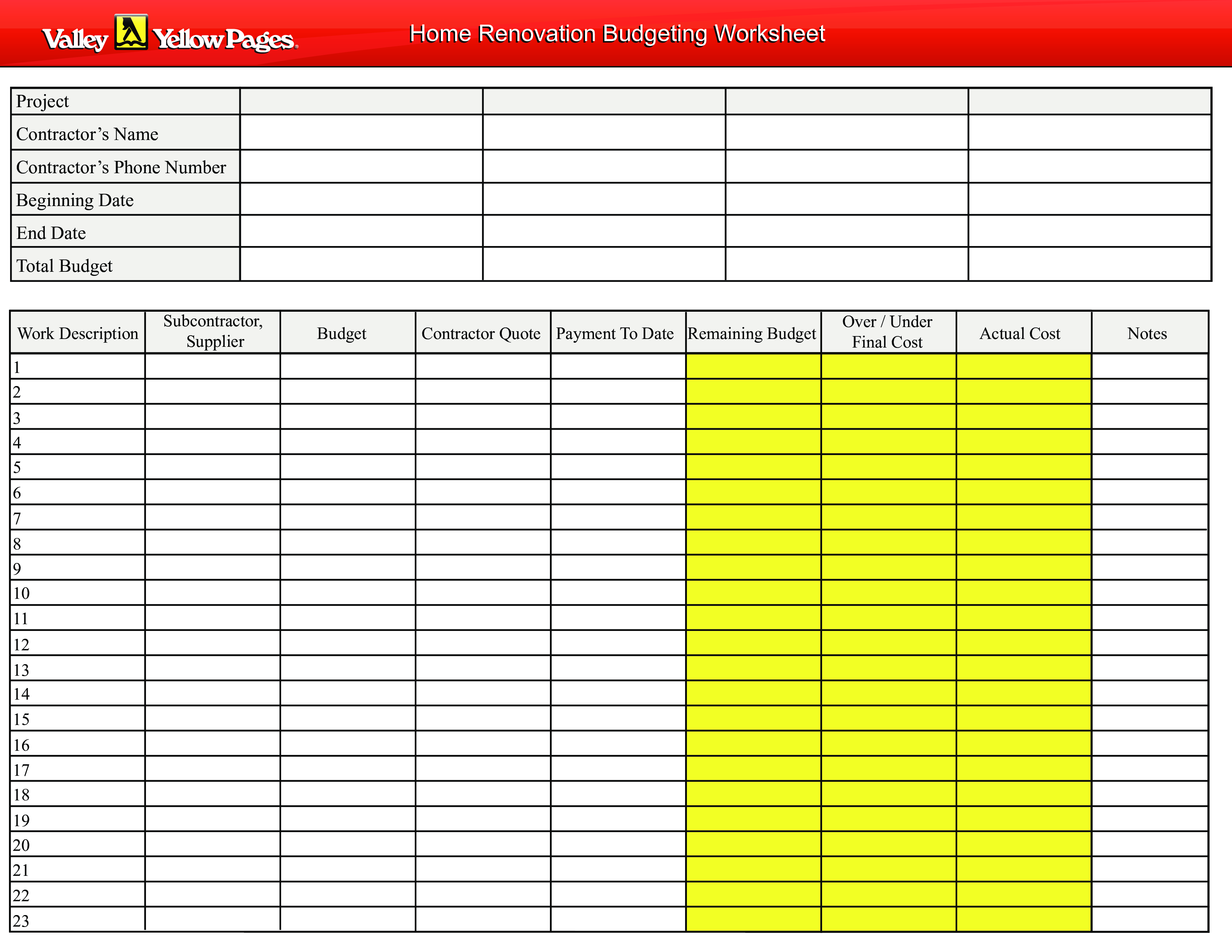 Home Renovation Budget Worksheet main image