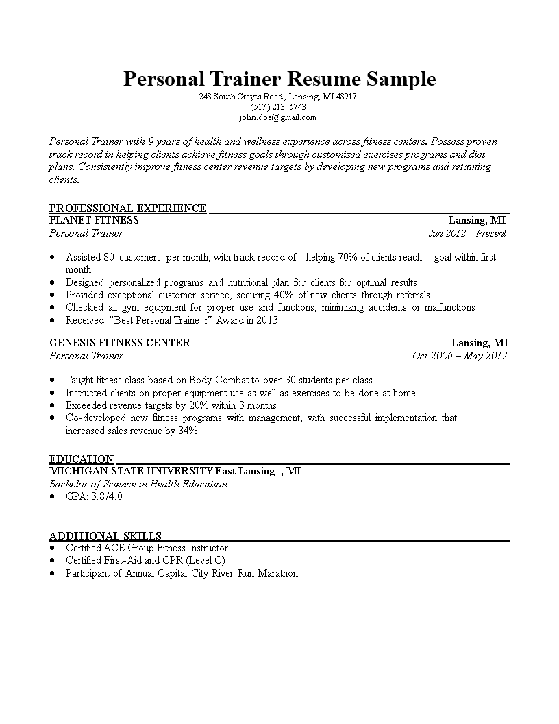 personal trainer resume sample template