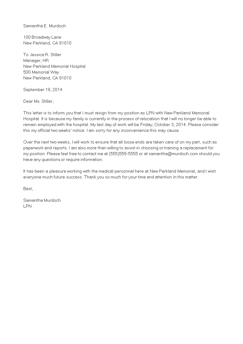 resignation letter due to relocation modèles