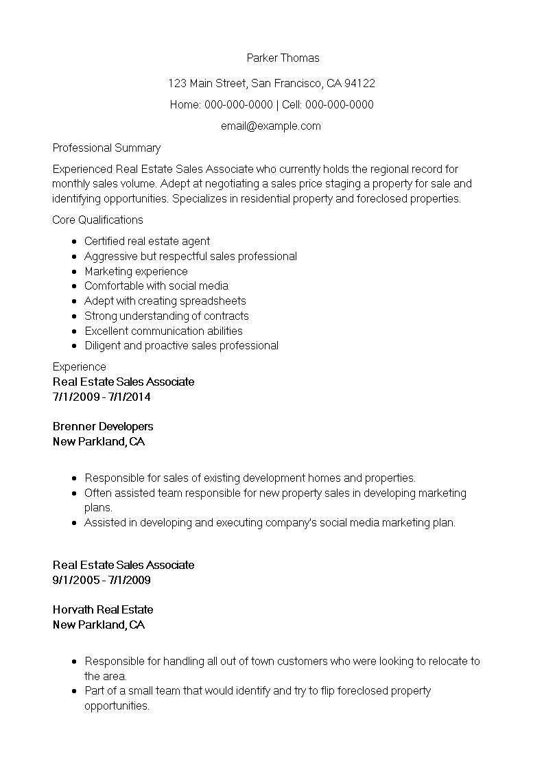 Real Estate Sales Associate Resume 模板