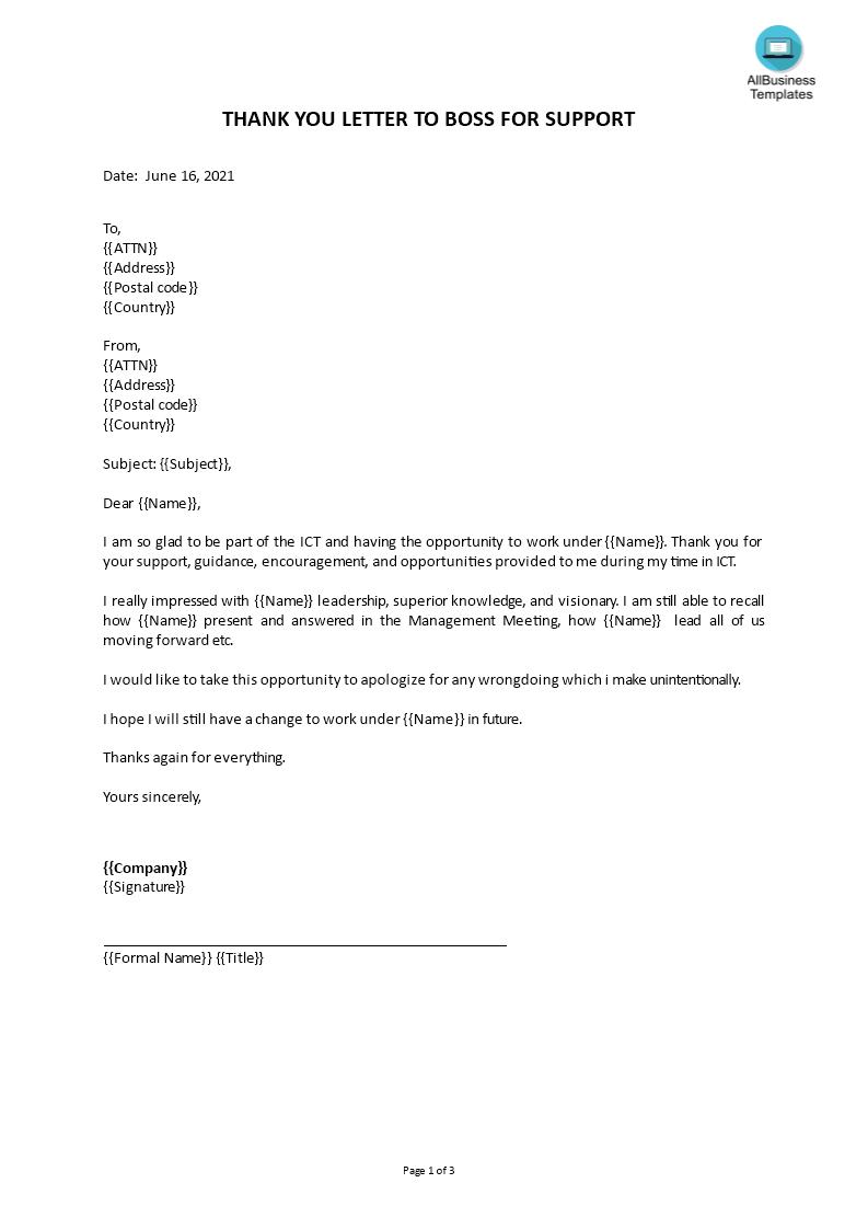thank you letter to boss for support voorbeeld afbeelding 