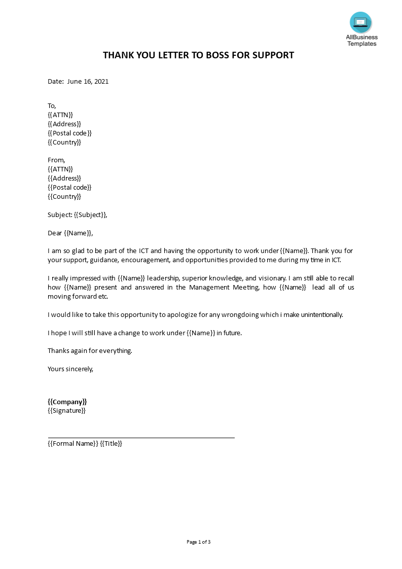 thank you letter to boss for support Hauptschablonenbild